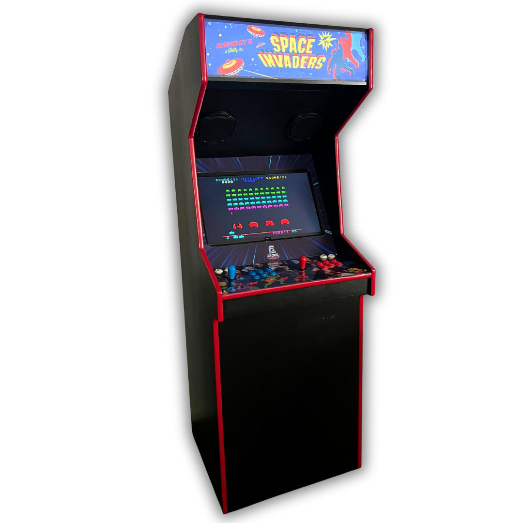 Full arcade cabinet with Space Invaders reproduction marquee installed and glowing brightly above screen.