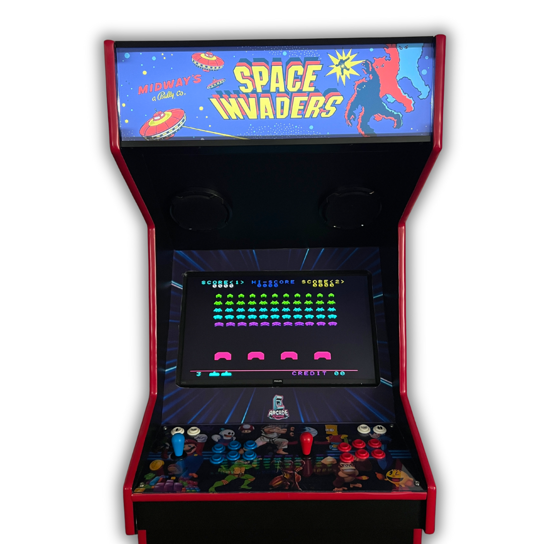Front view of Space Invaders reproduction arcade marquee installed on cabinet with vivid classic artwork.