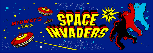 Reproduction arcade marquee for Space Invaders, printed on translucent film for glowing backlit display.