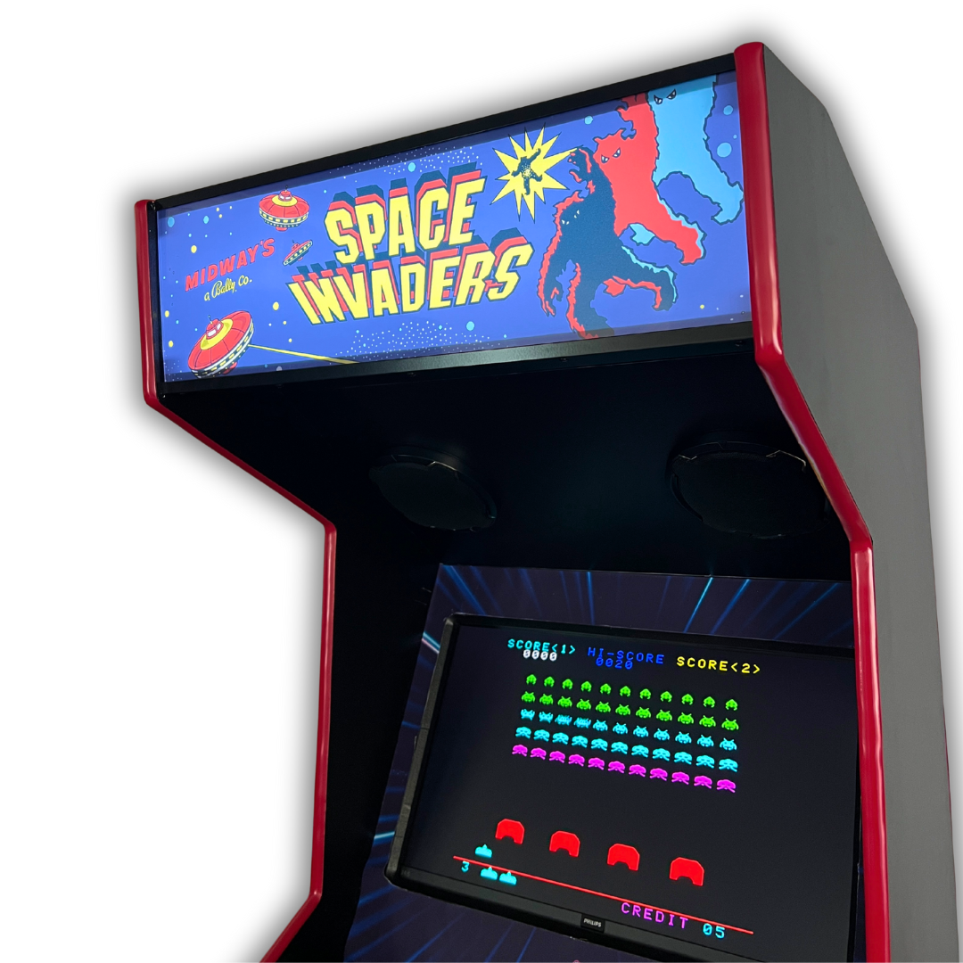 Side angle of Space Invaders reproduction marquee installed on arcade cabinet, glowing blue with retro styling.
