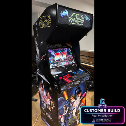 Star Wars arcade cabinet wrap customer build angled view showing full Star Wars wrap with marquee side panel artwork and control panel featuring Luke Skywalker Darth Vader and Princess Leia on a DIY arcade cabinet