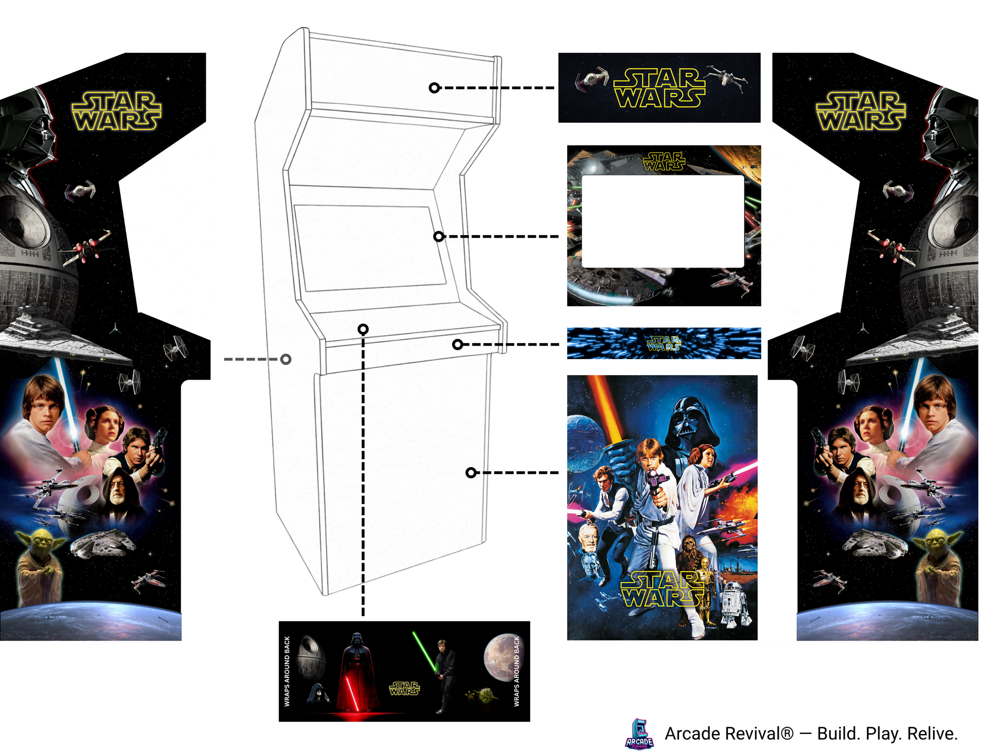 Star Wars themed arcade machine cabinet wrap mockup showing full vinyl artwork layout with Darth Vader side panels, marquee, control panel and front cabinet graphics