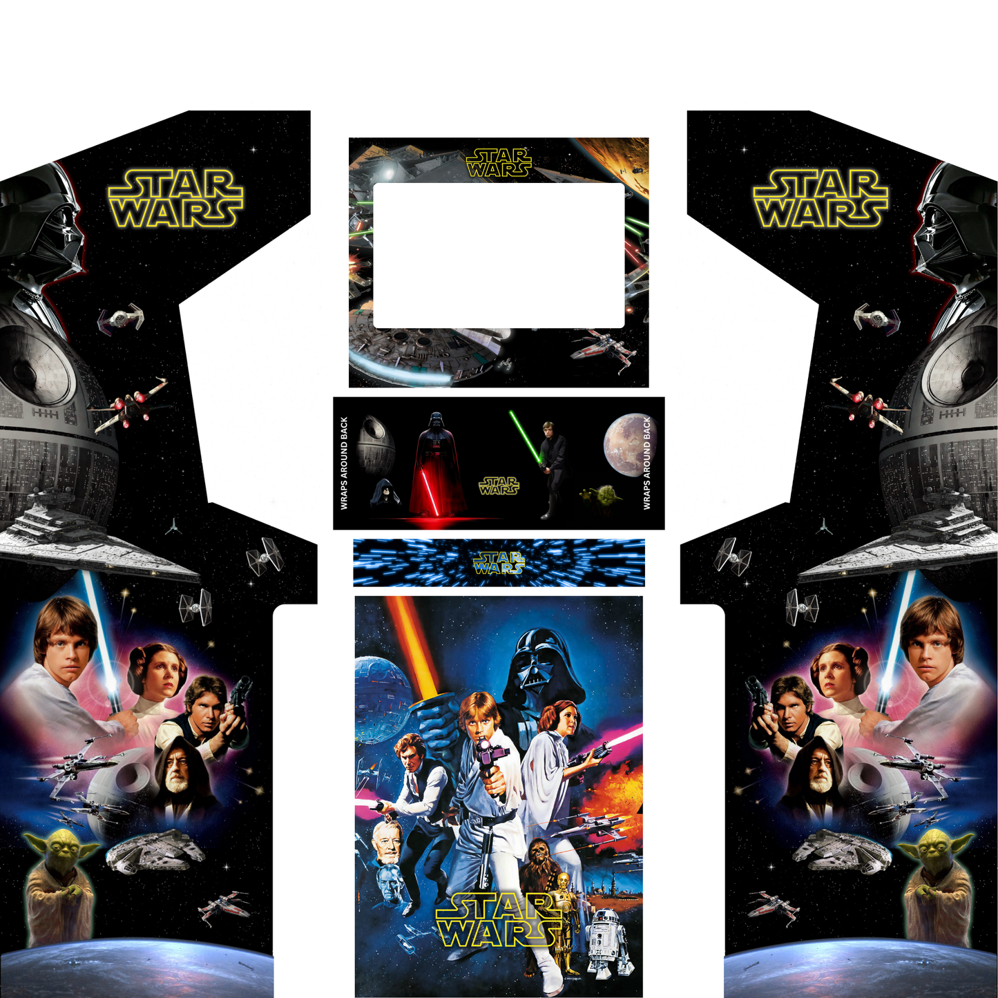 Star Wars arcade machine wrap kit without marquee featuring Darth Vader side art, classic movie characters, Death Star artwork, control panel and cabinet graphics for DIY arcade cabinets