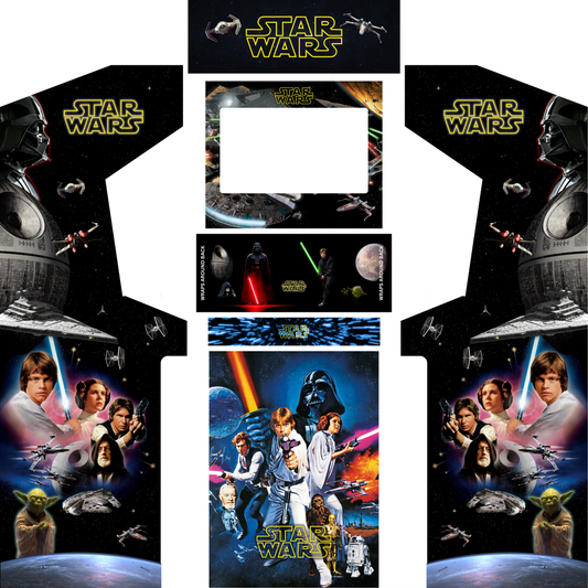 Star Wars arcade machine wrap kit featuring Darth Vader side art, classic movie characters, space battle artwork, marquee, control panel and kick panel graphics for DIY arcade cabinets