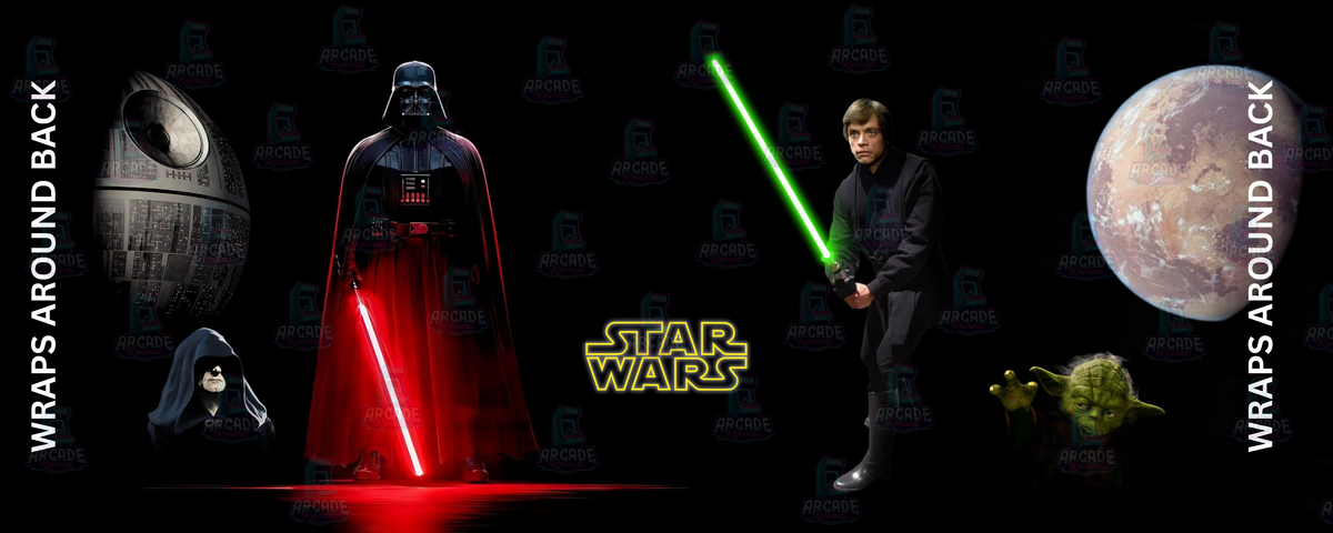 Star Wars inspired arcade control panel overlay featuring Darth Vader and Luke Skywalker facing off with Emperor Palpatine Yoda and the Death Star against a deep space backdrop for DIY arcade cabinet builds.