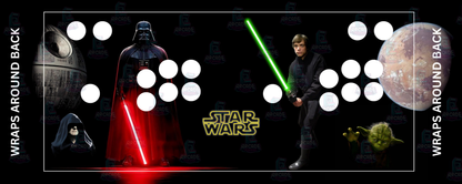 Star Wars inspired arcade control panel overlay with 2 player button layout featuring Darth Vader and Luke Skywalker facing off with Emperor Palpatine Yoda and the Death Star against a deep space backdrop for DIY arcade cabinet builds.