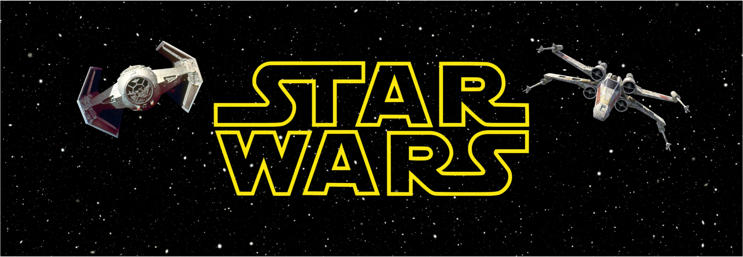 Star Wars inspired arcade marquee featuring iconic yellow Star Wars logo with TIE Fighter and X-Wing against a deep space starfield background for arcade cabinets.