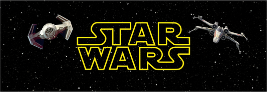 Star Wars inspired arcade marquee featuring iconic yellow Star Wars logo with TIE Fighter and X-Wing against a deep space starfield background for arcade cabinets.