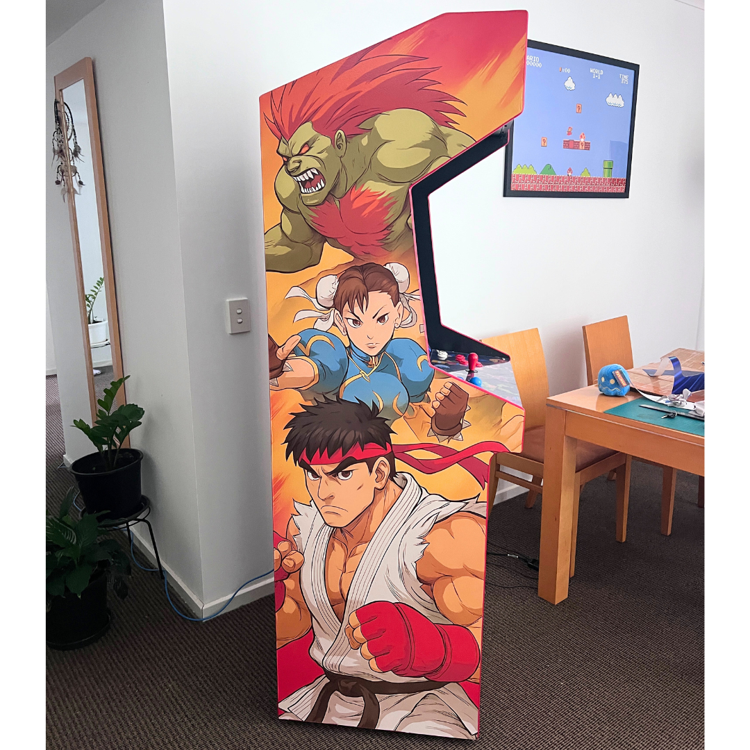 Side panel artwork of a Street Fighter II arcade cabinet wrap featuring Ryu, Chun-Li and Blanka on an upright cabinet