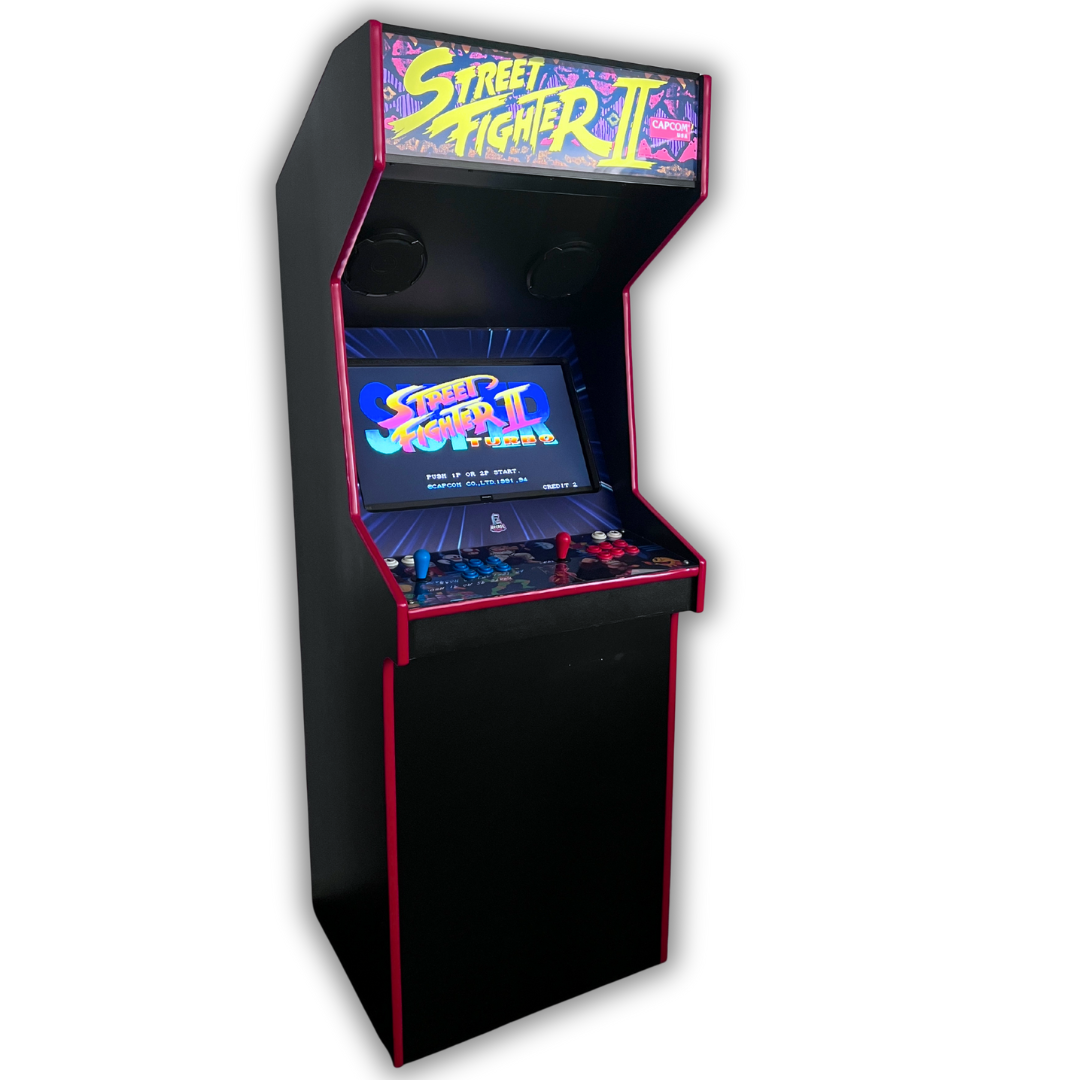 Street Fighter II reproduction arcade marquee installed on an Arcade Revival cabinet, brightly backlit with vivid Capcom colours.