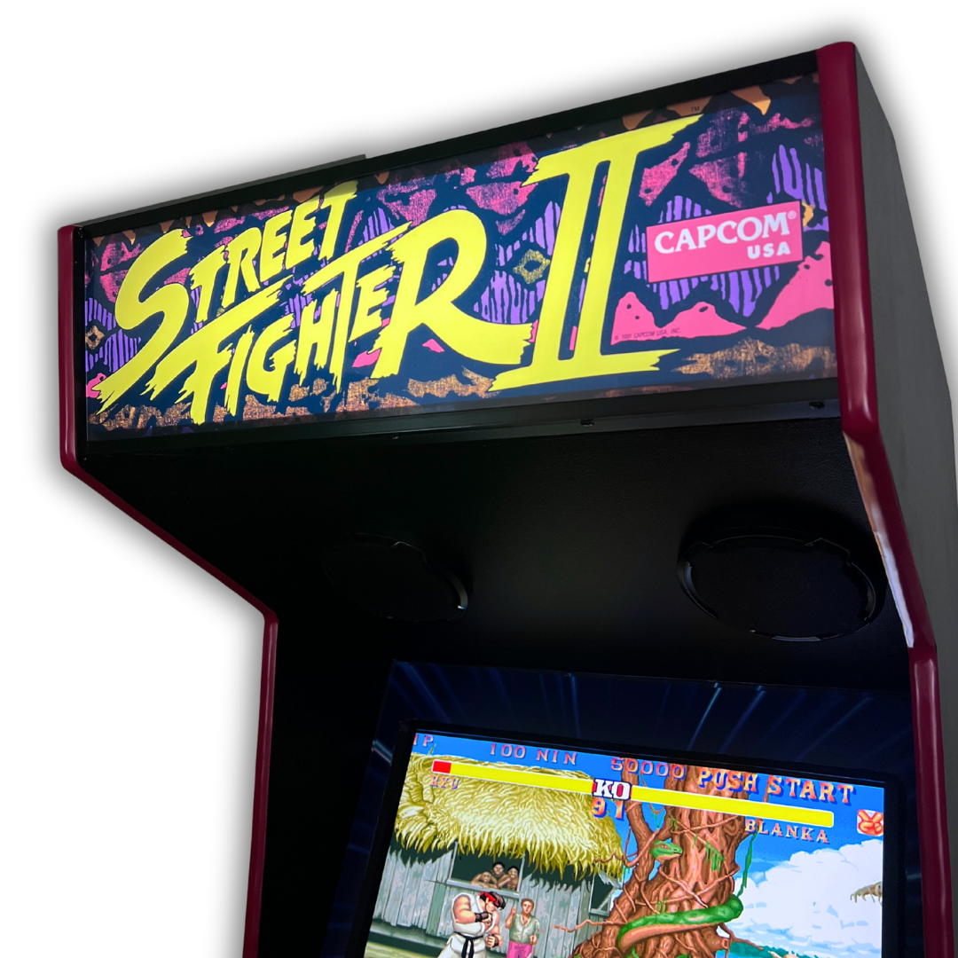 Street Fighter II Capcom USA reproduction marquee glowing on a retro arcade cabinet, showing sharp detail and bright backlight.