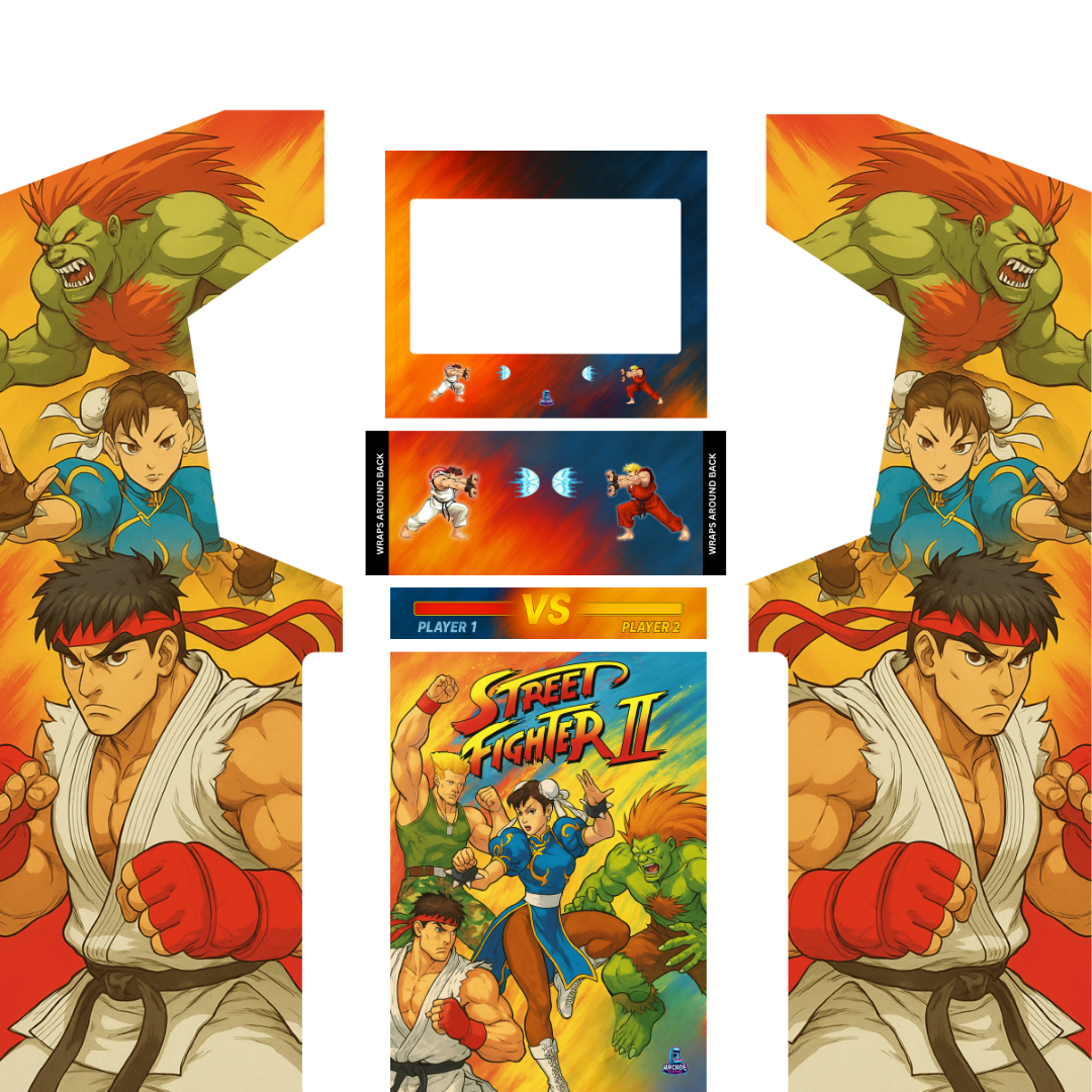 Full arcade cabinet wrap kit without marquee featuring Street Fighter II artwork, including side panels, control panel overlay, bezel and front panel