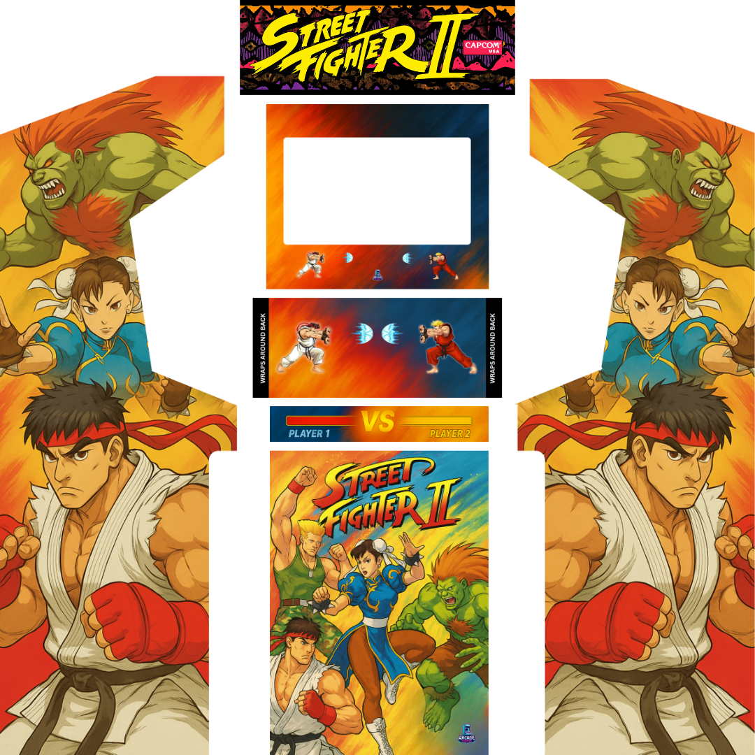 Full arcade cabinet wrap kit with marquee featuring Street Fighter II artwork, including side panels, control panel overlay, bezel and front panel