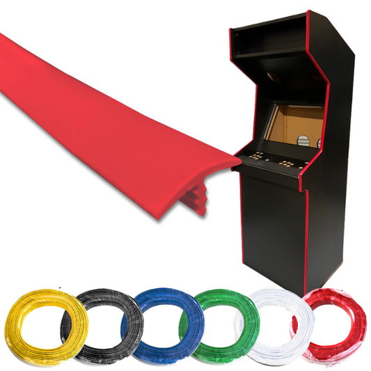 T-moulding trim for arcade machines shown in red on a cabinet, with additional color options including black, blue, green, yellow, and white rolls for custom arcade builds.