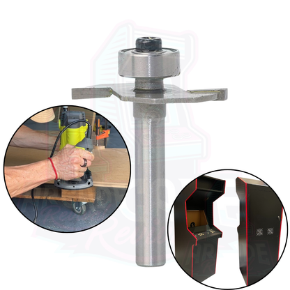 T-moulding router bit shown with inset photos of slot cutting process and finished arcade cabinet