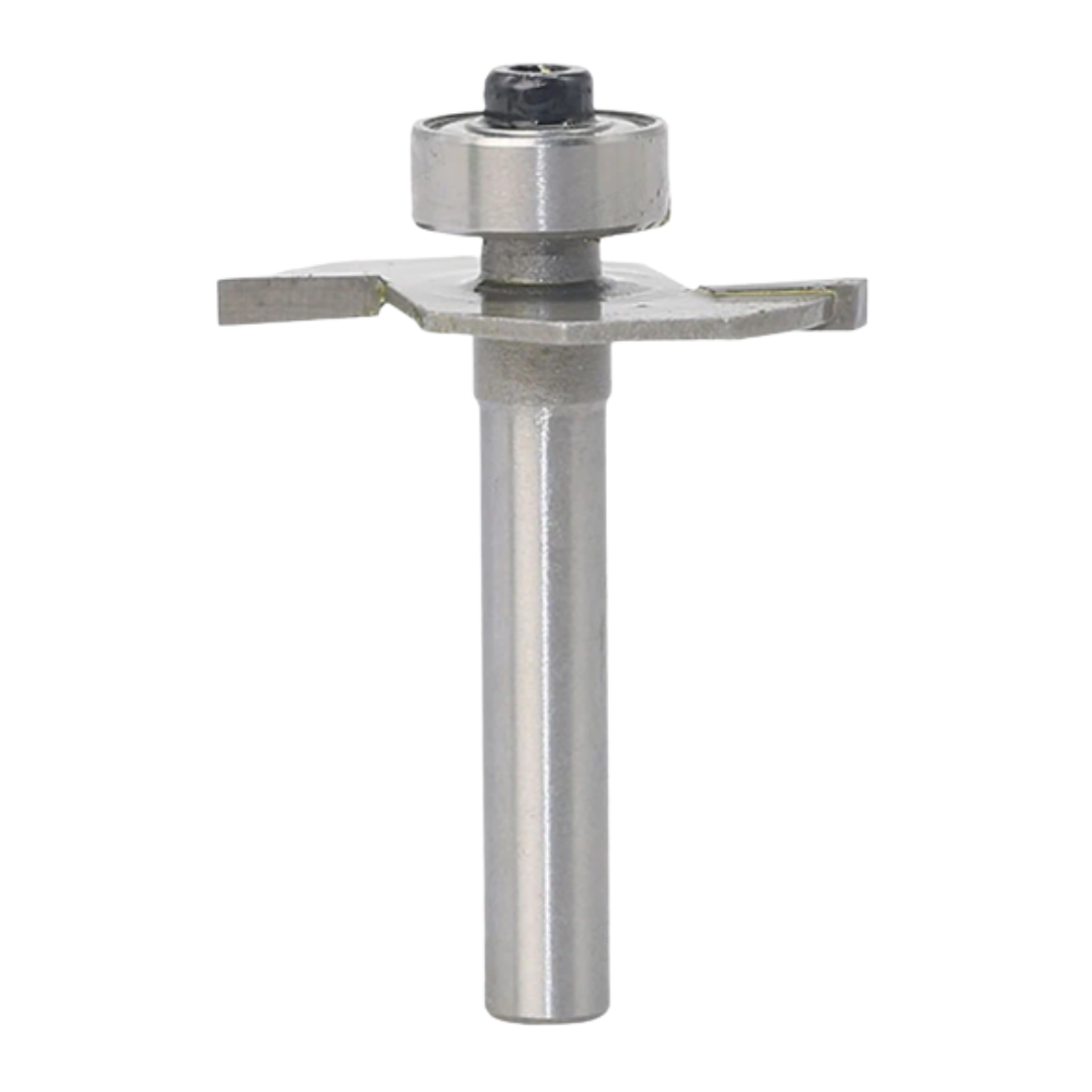 Close-up of a T-moulding slot router bit with bearing, designed for arcade cabinet building