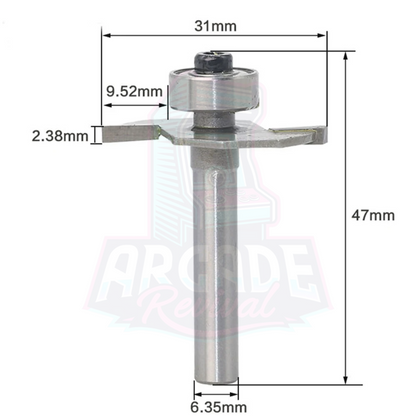 Diagram of slot cutter router bit dimensions showing width, height, and bearing size for arcade use