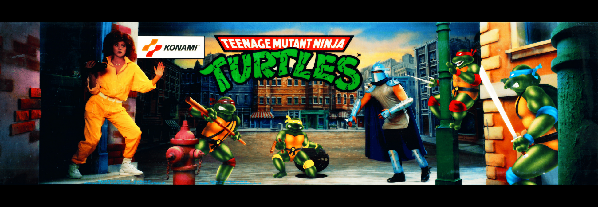 eenage Mutant Ninja Turtles arcade marquee reproduction featuring original 1989 Konami artwork