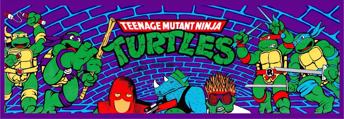 Teenage Mutant Ninja Turtles II reproduction arcade marquee featuring all four turtles and classic villains, printed by Arcade Revival