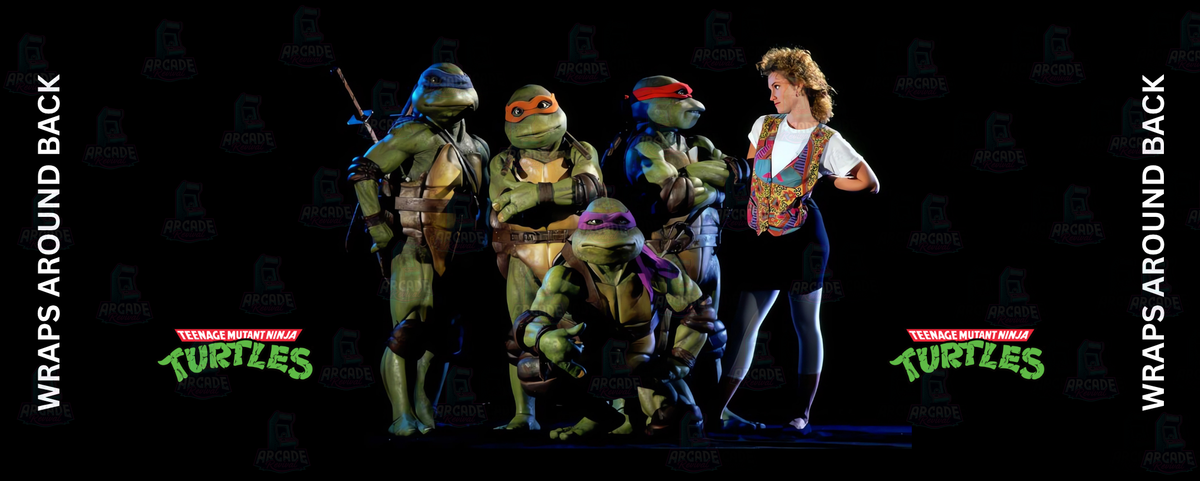 Teenage Mutant Ninja Turtles inspired arcade control panel overlay featuring Leonardo Michelangelo Raphael and Donatello in iconic movie costumes with April O'Neil and bold TMNT logo against a dark backdrop for DIY arcade cabinet builds.