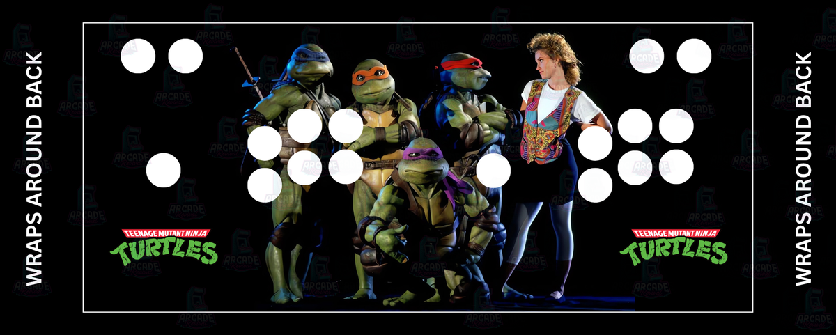Teenage Mutant Ninja Turtles inspired arcade control panel overlay with 2 player button layout featuring Leonardo Michelangelo Raphael and Donatello in iconic movie costumes with April O'Neil and bold TMNT logo against a dark backdrop for DIY arcade cabinet builds.