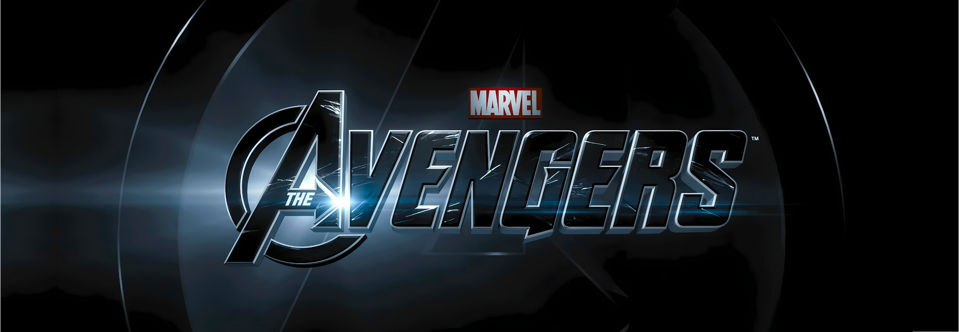The Avengers inspired arcade marquee featuring bold chrome Avengers logo and metallic A emblem on a dark dramatic background for arcade cabinets.