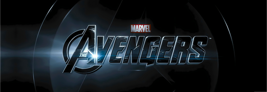 The Avengers inspired arcade marquee featuring bold chrome Avengers logo and metallic A emblem on a dark dramatic background for arcade cabinets.
