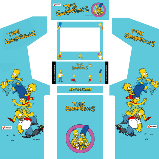 Full Simpsons arcade cabinet wrap kit layout showing all vinyl panels including side art, control panel, bezel and marquee