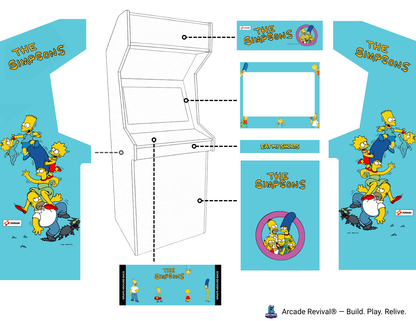 Simpsons arcade cabinet wrap installed mockup showing panel placement on an upright arcade machine