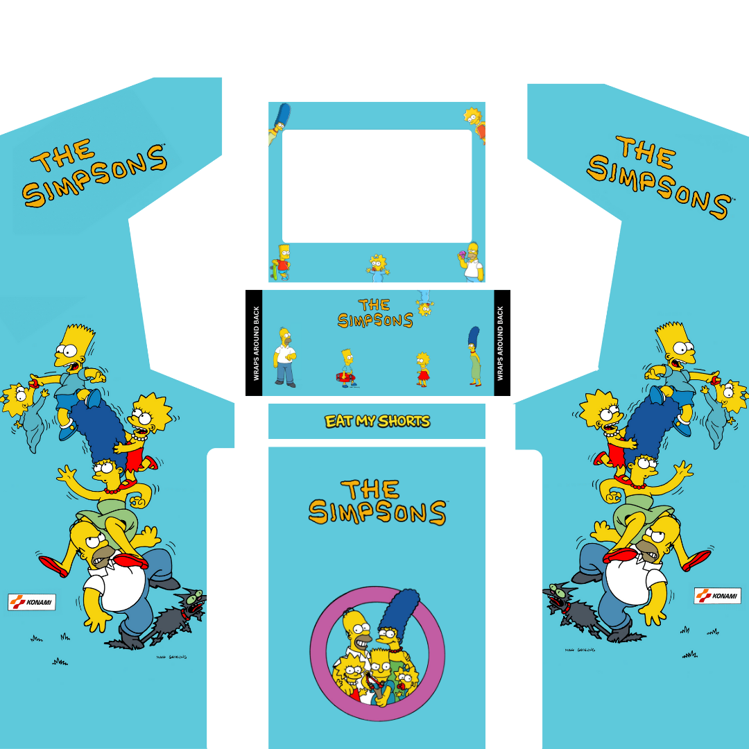 Simpsons arcade cabinet wrap kit without marquee showing side panels, control panel, bezel and front artwork layout