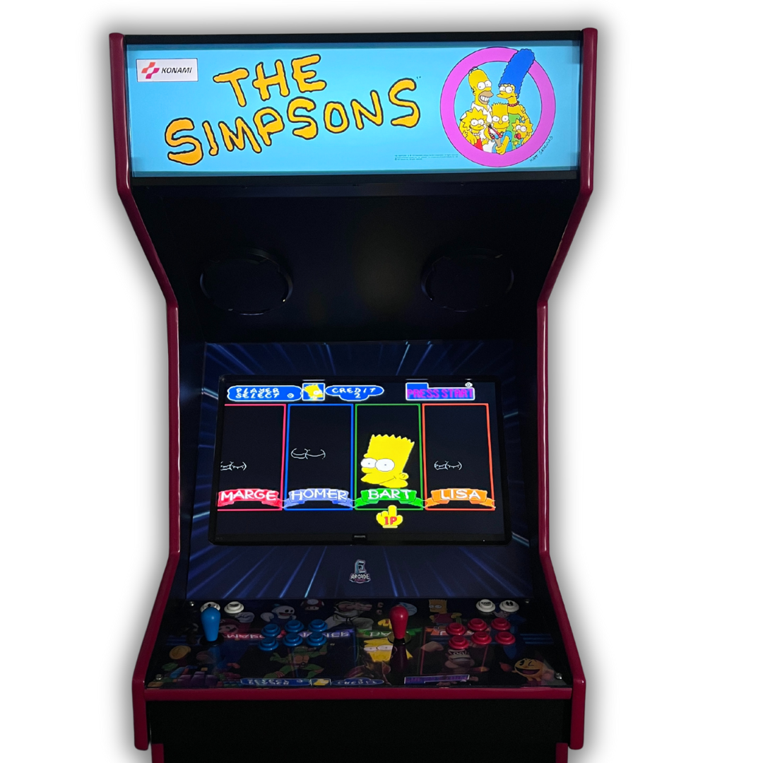 The Simpsons arcade marquee reproduction installed on a full-size arcade cabinet with backlit display