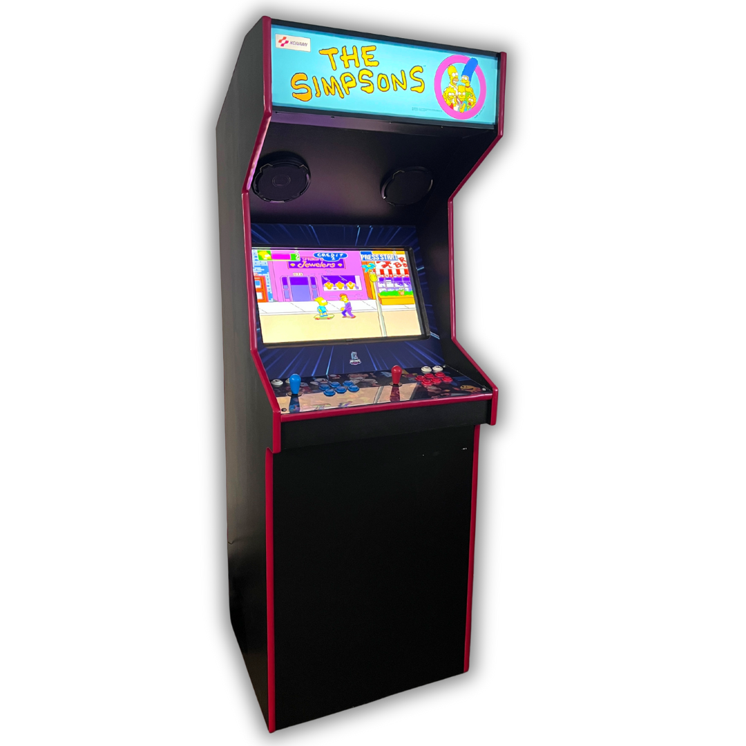 Full arcade cabinet featuring The Simpsons classic arcade marquee reproduction installed and illuminated