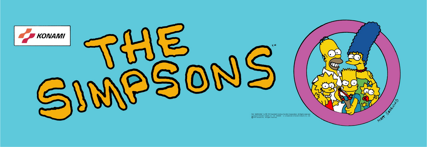Authentic The Simpsons arcade marquee reproduction. Printed on translucent film with UV gel technology for vibrant, fade-resistant backlit display.