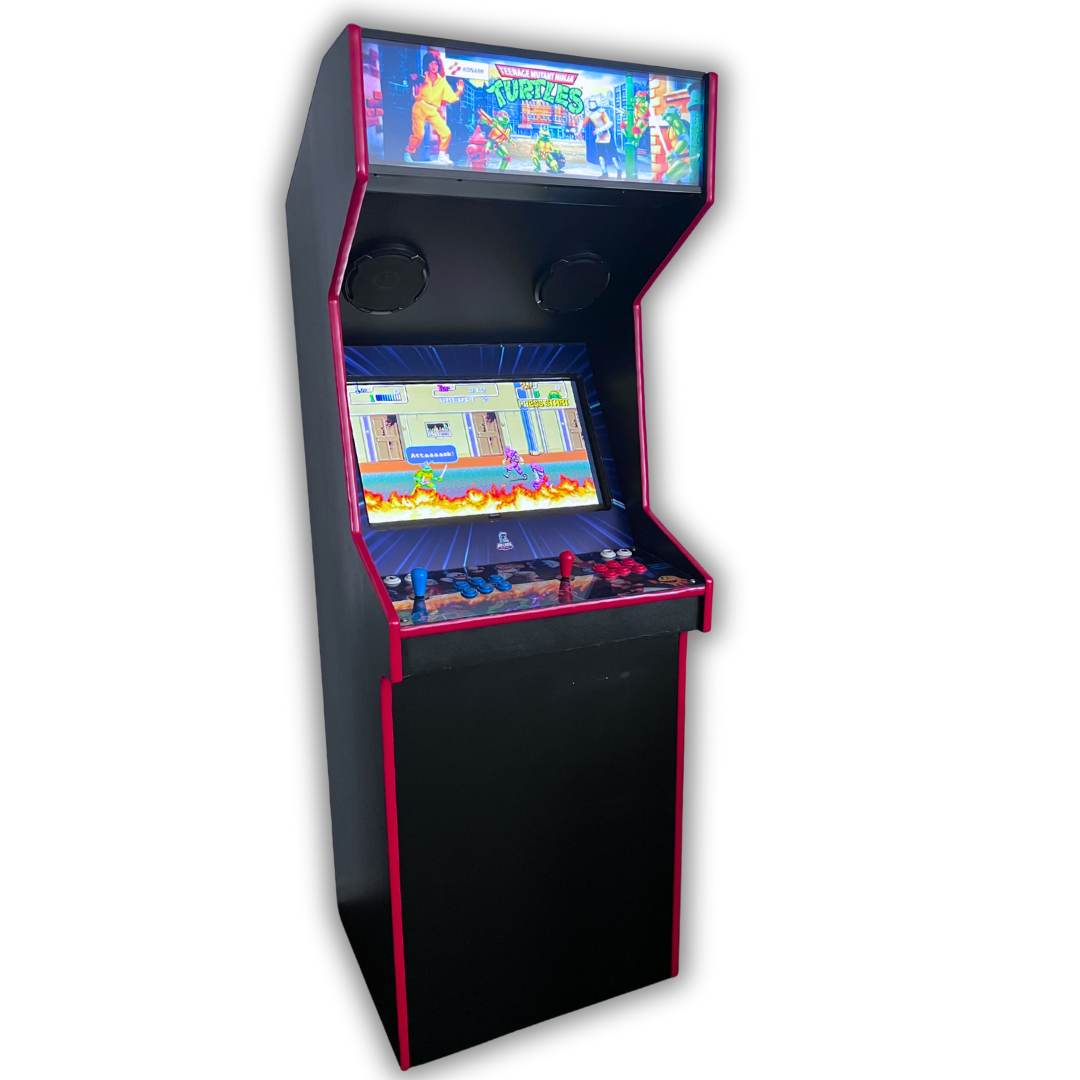 Teenage Mutant Ninja Turtles arcade cabinet with reproduction marquee and gameplay screen featuring the classic Konami beat-em-up.