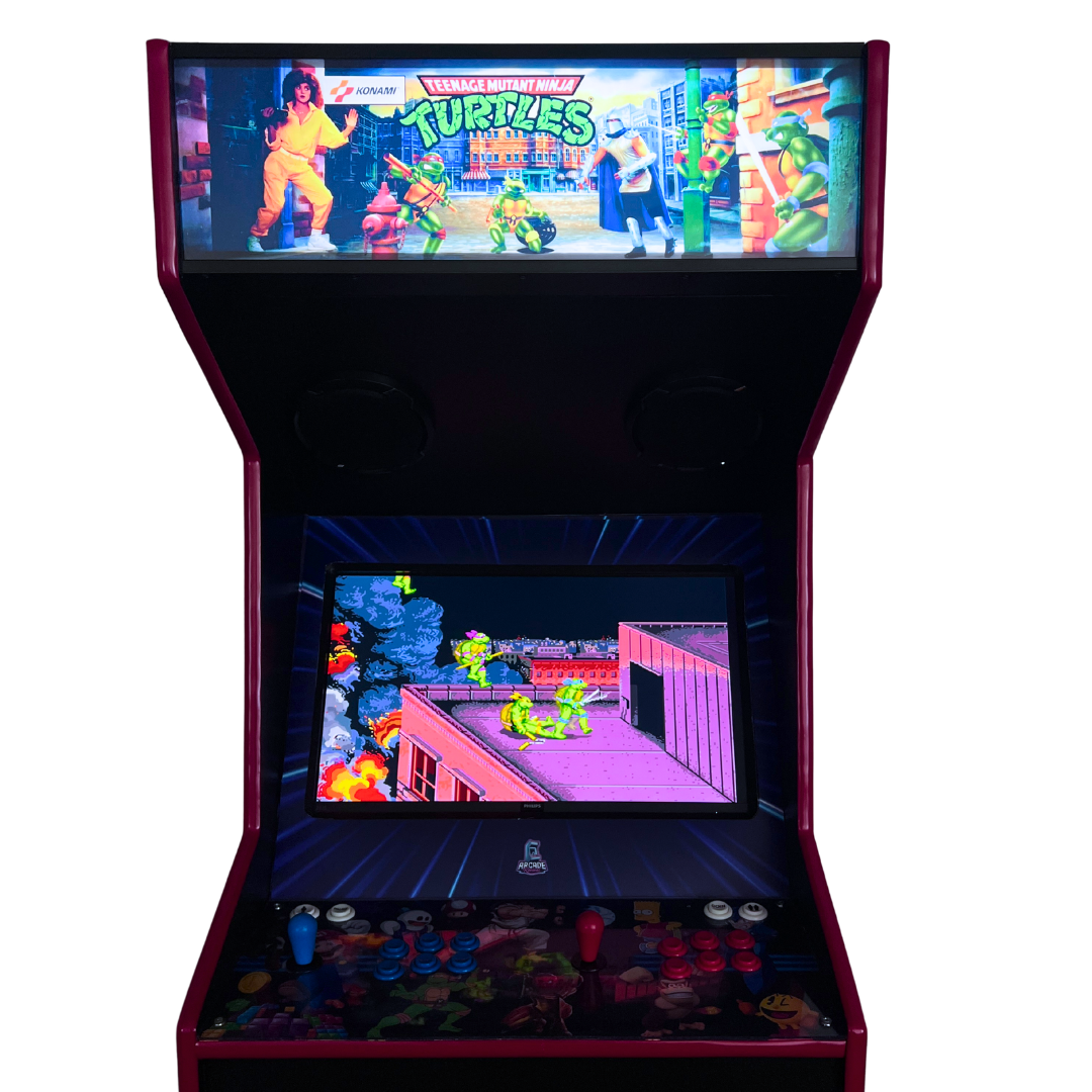 Teenage Mutant Ninja Turtles reproduction arcade marquee installed on an Arcade Revival cabinet, backlit with vibrant Konami colours.