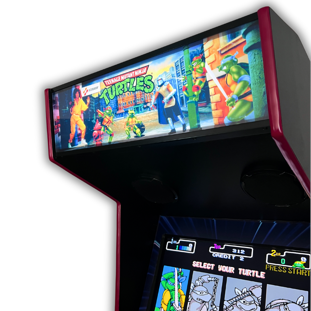 TMNT arcade marquee glowing on a retro cabinet, showing vivid artwork of April O’Neil, Shredder, and the Ninja Turtles in action.