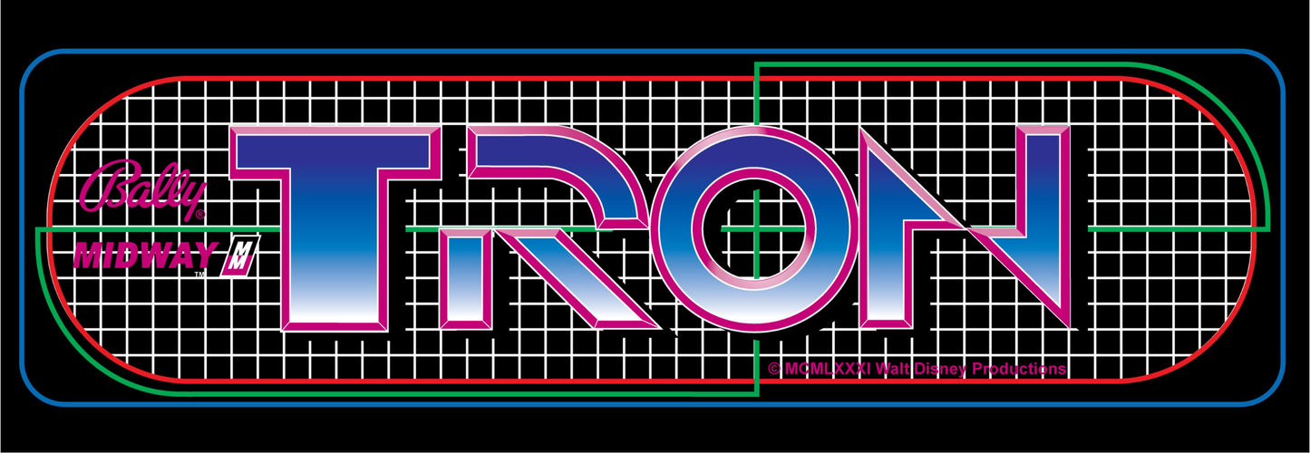 Tron arcade marquee reproduction arcade marquee display featuring Bally Midway logo and neon grid design from the 1982 sci-fi classic.