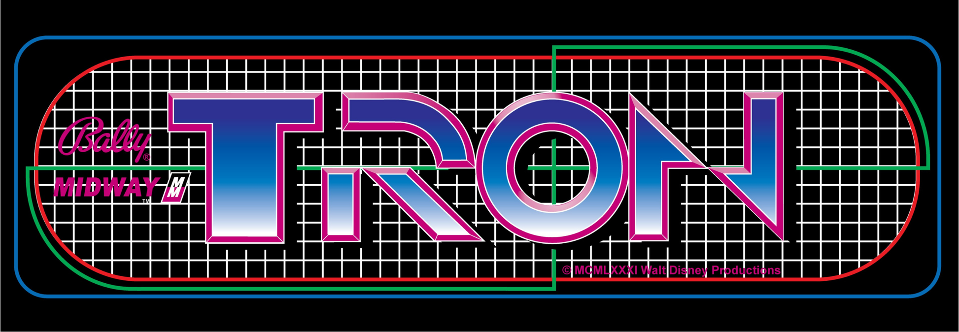 Tron arcade marquee reproduction arcade marquee display featuring Bally Midway logo and neon grid design from the 1982 sci-fi classic.