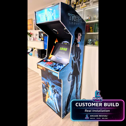 TRON Legacy arcade cabinet customer build featuring Arcade Revival vinyl wrap with illuminated marquee, side panel character artwork and custom control panel