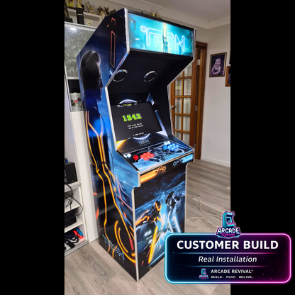 TRON Legacy themed arcade machine wrap installed on DIY cabinet featuring premium side artwork, glowing blue marquee and finished arcade build