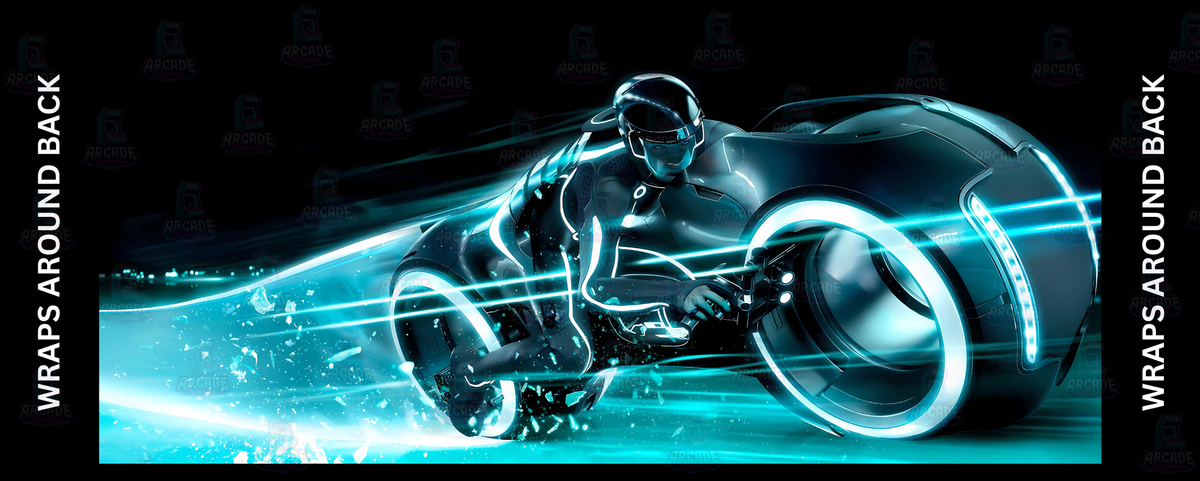 TRON Legacy inspired arcade control panel overlay featuring cinematic light cycle rider against a deep black and electric cyan backdrop for DIY arcade cabinet builds.