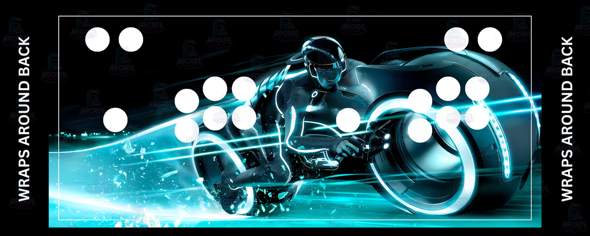 TRON Legacy inspired arcade control panel overlay with 2 player button layout featuring cinematic light cycle rider against a deep black and electric cyan backdrop for DIY arcade cabinet builds.