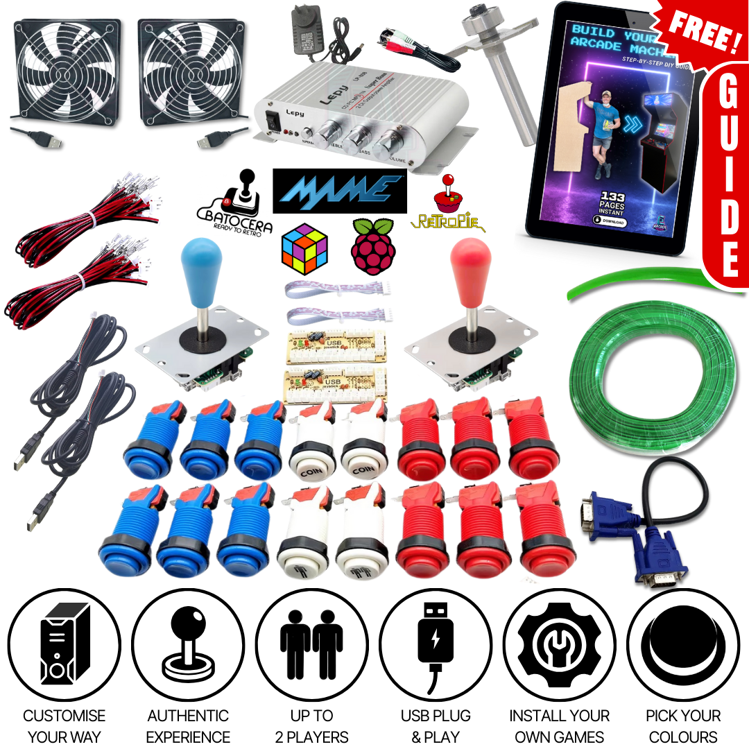 Complete arcade machine parts kit featuring USB arcade buttons, joysticks, cooling fans, amplifier, wiring, router bit, LED strip, and bonus digital build guide — compatible with Batocera, RetroPie, MAME, and Raspberry Pi for a fully customizable DIY arcade experience.