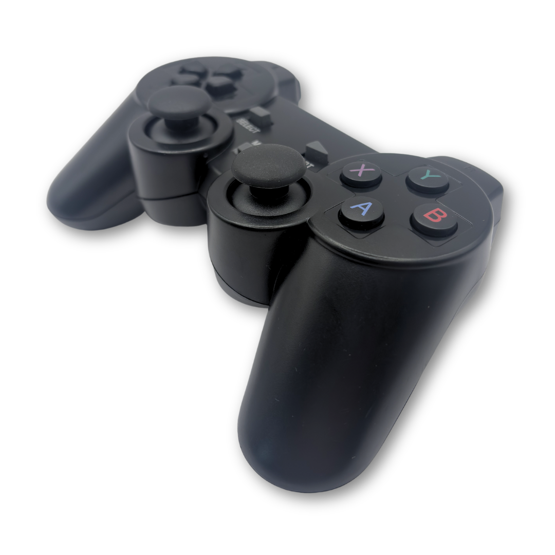 Black wireless PS gamepad controller top-down angled view