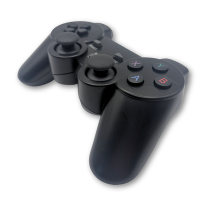 Black wireless PS gamepad controller top-down angled view