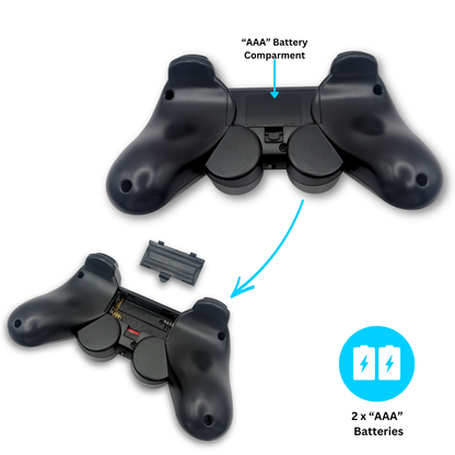 Black wireless PS gamepad controller back view with AAA battery compartment diagram showing 2 x AAA batteries required