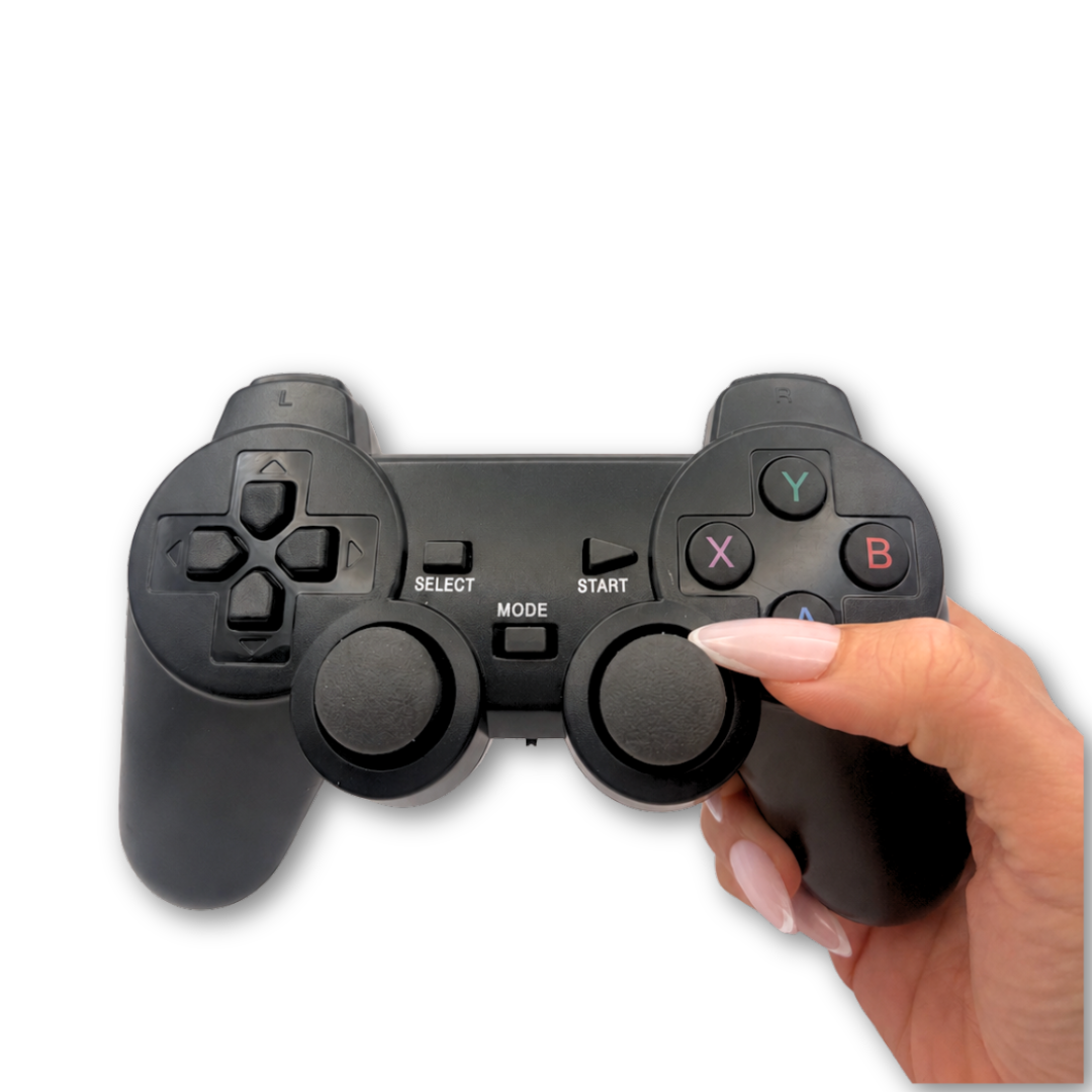 Black wireless PS gamepad controller held in hand showing size and ergonomic grip