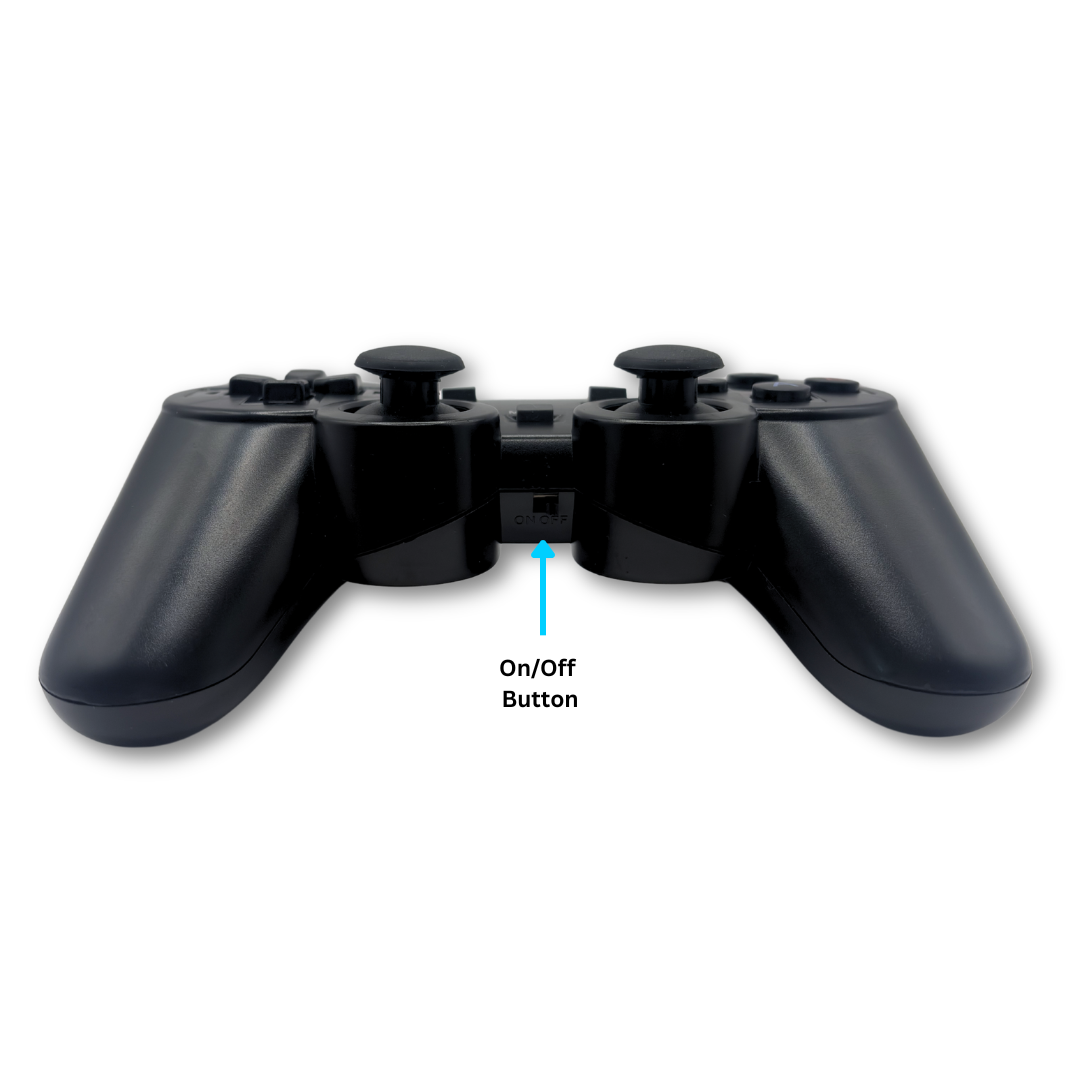  Black wireless PS gamepad controller top view with labelled on/off power switch