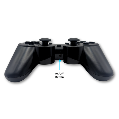  Black wireless PS gamepad controller top view with labelled on/off power switch