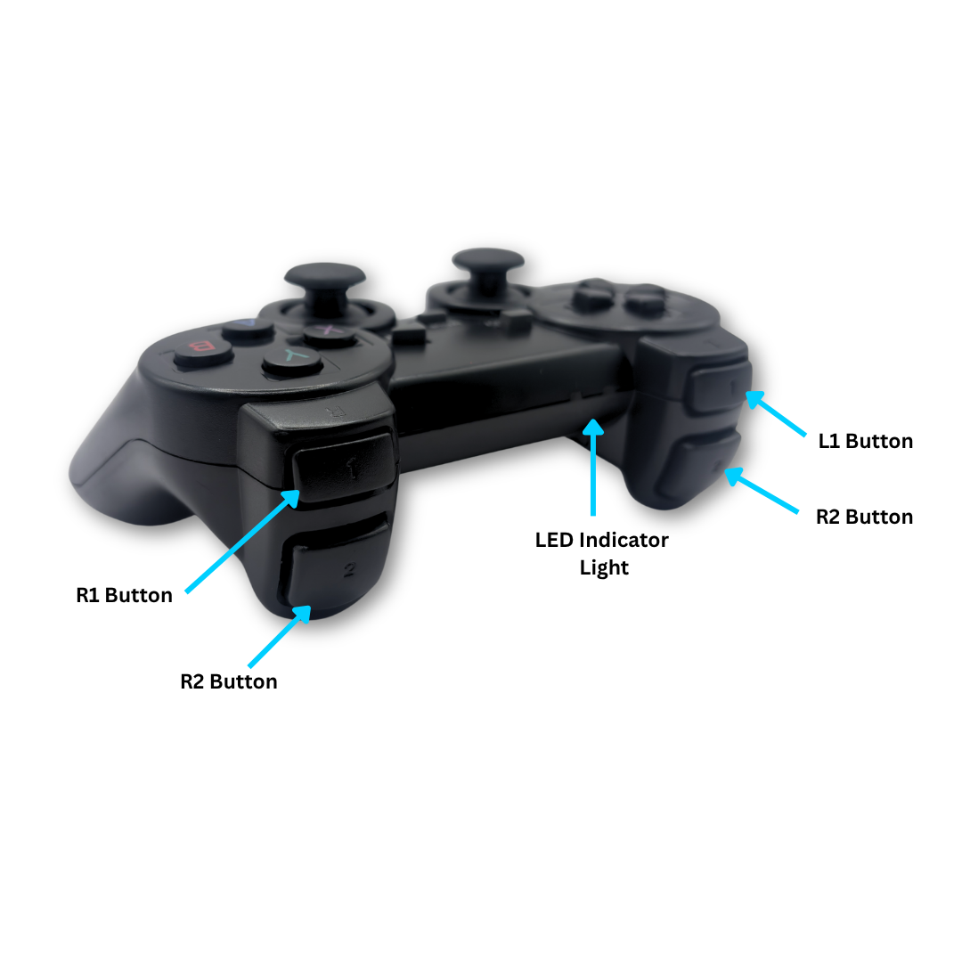 Black wireless PS gamepad controller side view with labelled R1, R2, L1 and L2 trigger buttons and LED indicator light